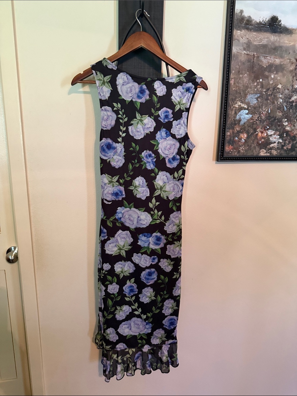Mercury Women’s Floral Midi Dress Size M Black Blue Rose Ruched Ruffle Hem